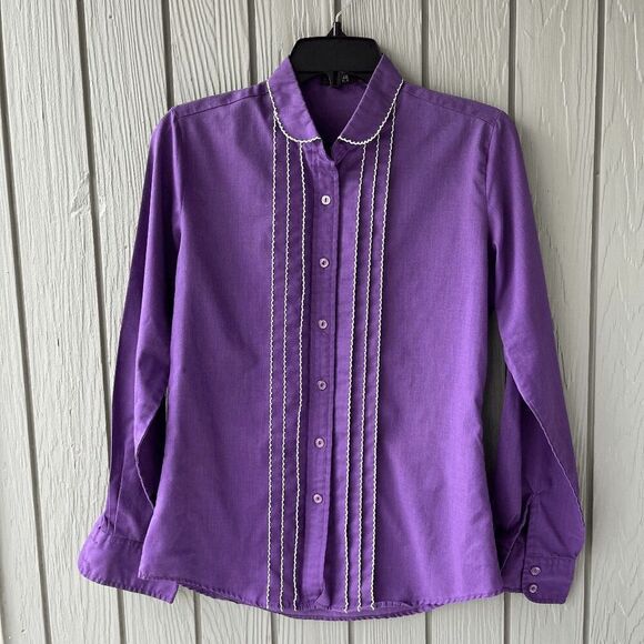Vintage Tops - VTG Jackie Jones Miami Purple Blouse w/ Picot Scallop Trim SZ S/M